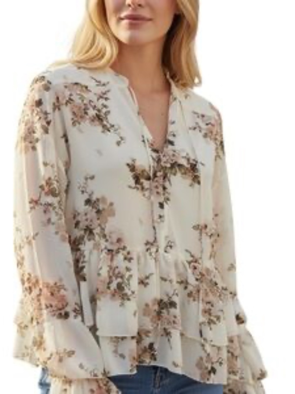 H&M Floral Chiffon Flounce Blouse Size L Cream Pink Brown Boho Romantic